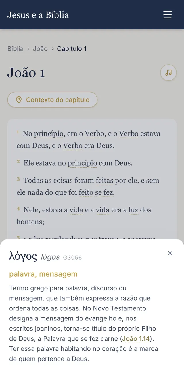 João 1 aberto no app com o cartão da palavra grega lógos, mostrando transliteração, número de Strong G3056, tradução literal e definição