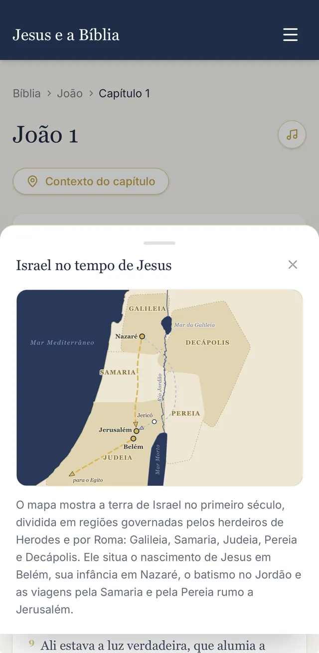 João 1 aberto no app com o mapa Israel no tempo de Jesus exibido pelo botão Contexto do capítulo