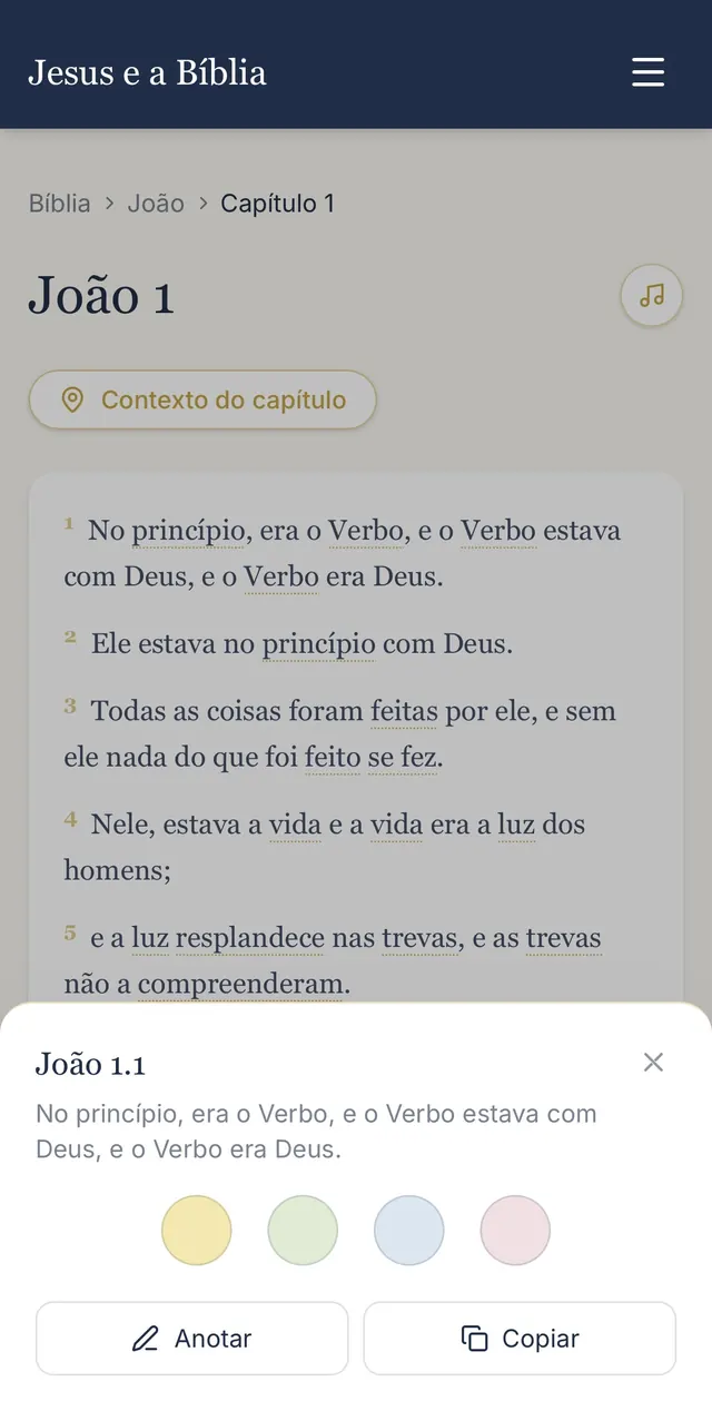Caixa de marcação de João 1.1 aberta com 4 cores e os botões Anotar e Copiar