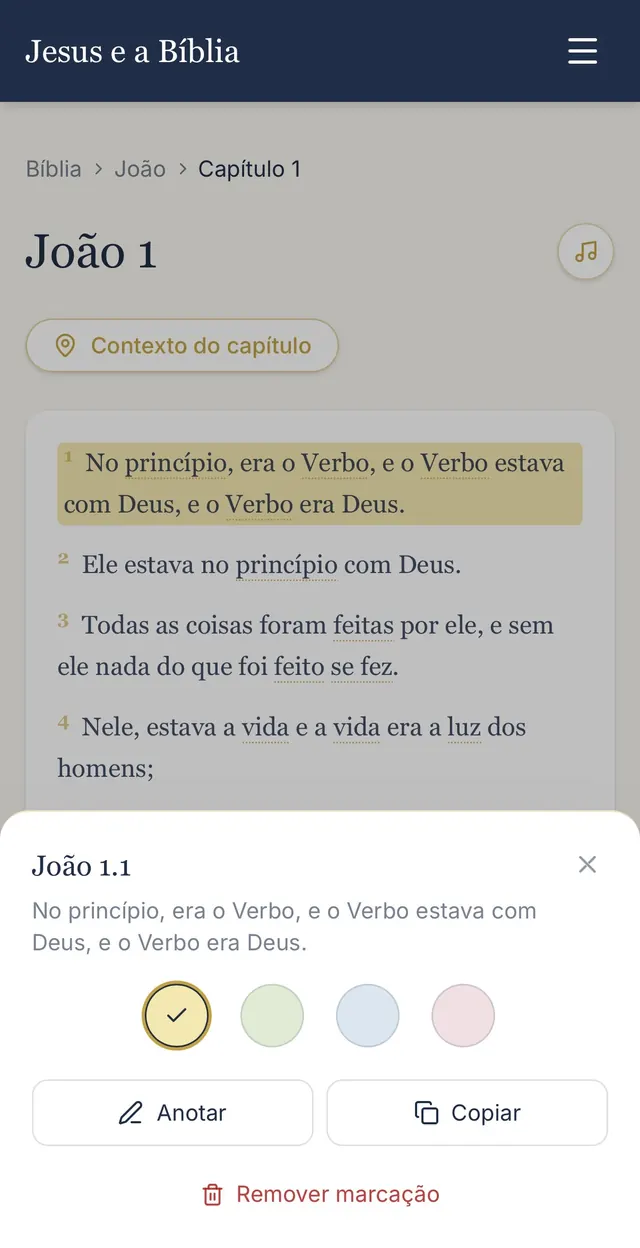 João 1.1 marcado em amarelo no leitor da Bíblia
