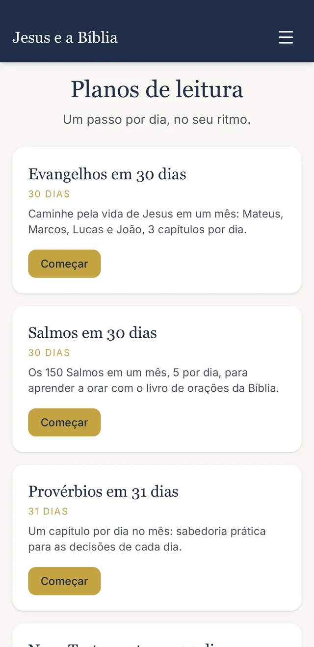 Tela de planos de leitura com Evangelhos em 30 dias, Salmos em 30 dias e Provérbios em 31 dias