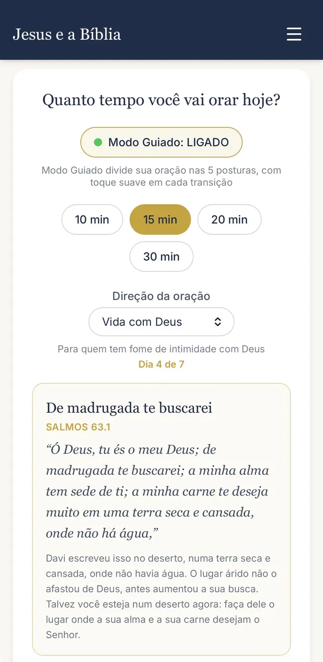 Lugar de Oração com o timer, o Modo Guiado e a trilha Vida com Deus no dia 4 de 7 com o versículo de Salmos 63.1