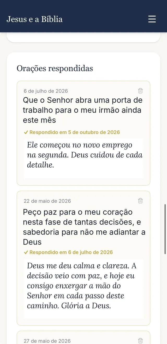Diário de Oração com a lista de orações respondidas e o registro de cada resposta